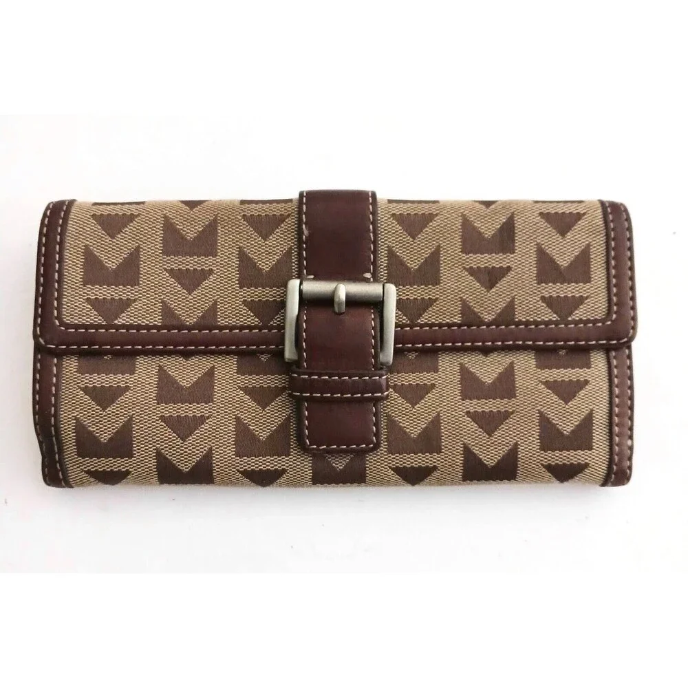 Michael Kors Brown Leather Brown Logo Jacquard Buckle Flap Rect Bi Fold Wallet